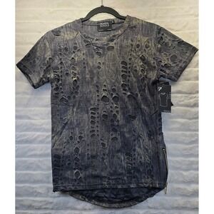 7even Souls Distressed Burnout T-Shirt Mens Small Gray Gold New Side Zip